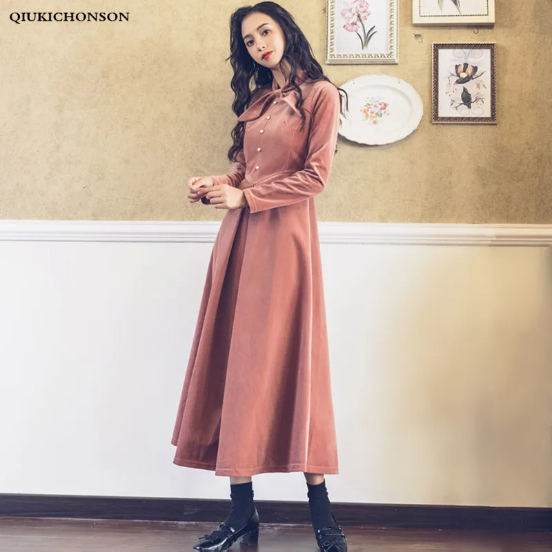 Long Sleeve Autumn Winter Dress Women Vintage Elegant Bow Collar Maxi Velvet Dresses Ladies Empire Slim A-Line Dress vestidos
Long Sleeve Autumn Winter Dress Women Vintage Elegant Bow Collar Maxi Velvet Dresses Ladies Empire Slim A-Line Dress vestidos