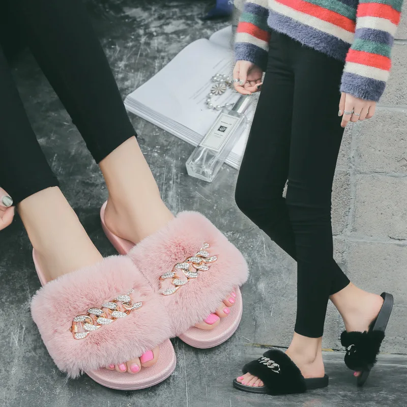 autumn winter new fur slippers women outdoor korean style crystal chain decorate open toe furry slides woman mules flip flops
autumn winter new fur slippers women outdoor korean style crystal chain decorate open toe furry slides woman mules flip flops