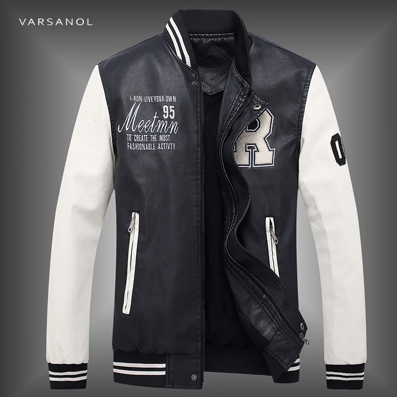 Image Varsanol Brand Mens PU Jackets Embroidery Logo Baseball Collar Coats Male Full Sleeve Winter Waterproof Leather Outerwear Newest