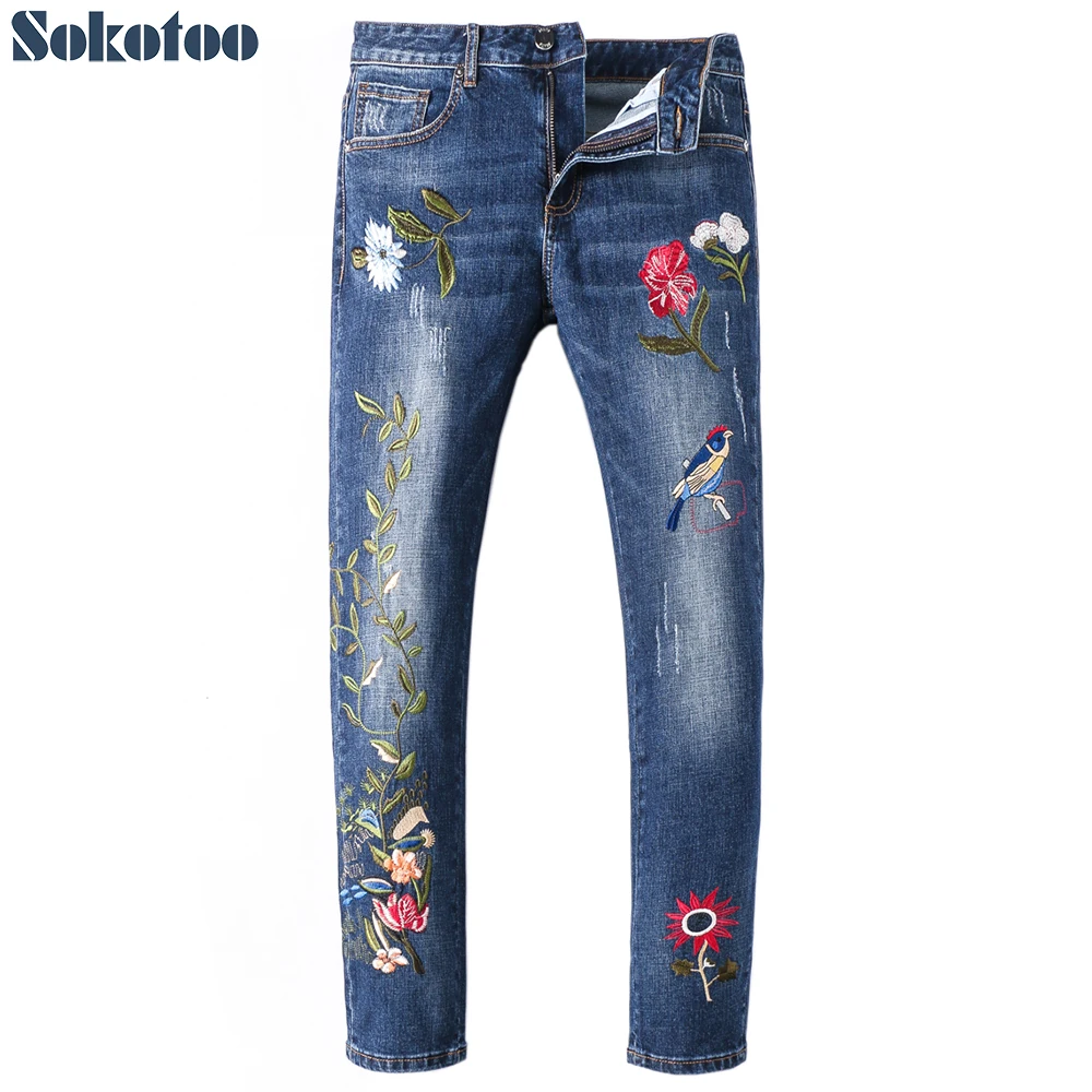 Sokotoo Men's birds flowers embroidery jeans Fashion slim embroidered blue denim pants
Sokotoo Men's birds flowers embroidery jeans Fashion slim embroidered blue denim pants