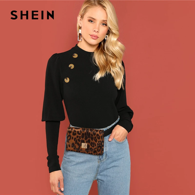 

SHEIN Black Office Lady Solid Double Button Leg-of-mutton Sleeve Slim Fit Tee 2018 Autumn Workwear Casual Women Tshirt Top