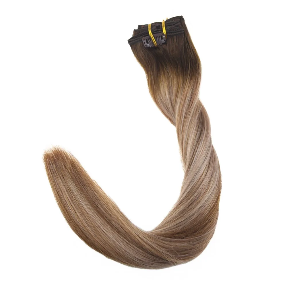 

Full Shine 7Pcs Clip in Human Hair Extensions Balayage Color #4 Fading To 6 and 18 Ash Blonde Full Head 100% Remy Clip in Hair