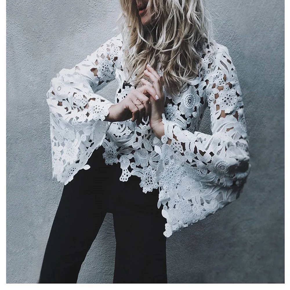 Women Sexy Hollow out lace blouses Flare sleeve Floral Shirts white crop Tops Red black blusa feminino crochet tops 2018 Spring
Women Sexy Hollow out lace blouses Flare sleeve Floral Shirts white crop Tops Red black blusa feminino crochet tops 2018 Spring