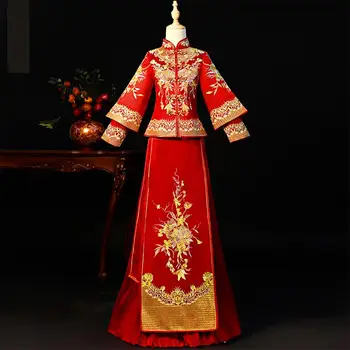 Chinese Women Satin Embroidery Cheongsam Marriage Suit Vintage Button Qipao Classic Exquisite Mandarin Collar Toast Clothing
Chinese Women Satin Embroidery Cheongsam Marriage Suit Vintage Button Qipao Classic Exquisite Mandarin Collar Toast Clothing