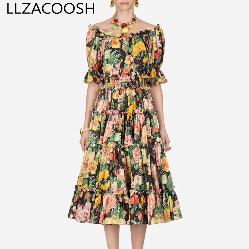 Summer Runway Designer Holiday Elegant Dresses 2019 Women's elastic Waist Slash Neck Floral Print Casual Dress Vestido
Summer Runway Designer Holiday Elegant Dresses 2019 Women's elastic Waist Slash Neck Floral Print Casual Dress Vestido