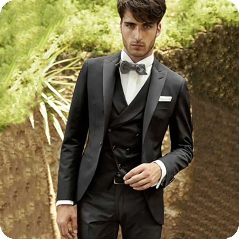 

Black Classic Men Suits for Wedding Double Breasted Vest Peaked Lapel Slim Fit Groom Tuxedo 3Piece Terno Masculino Costume Homme