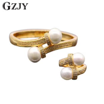 

GZJY Graceful Jewelry Micro-inserts AAA Cubic Zirvonia Pearl Yellow Gold Color Ring&Bangle Set For Women Anniversary Jewelry