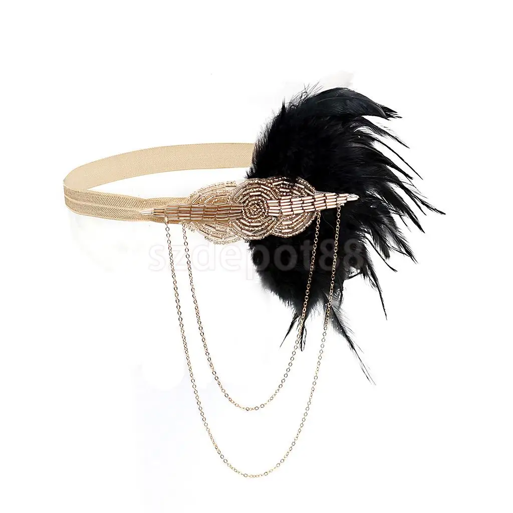 Vintage Feather Tassel Chain Plastic Beads Flapper Fascinator Headband 1920s Charleston Headpiece Women Ascot Race Headwear