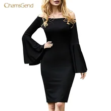 CHAMSGEND 2018 Otoño e Invierno moda mujer características negro vestido suelto Casual fuera del hombro vestido de fiesta moda 3a01 *(China)
