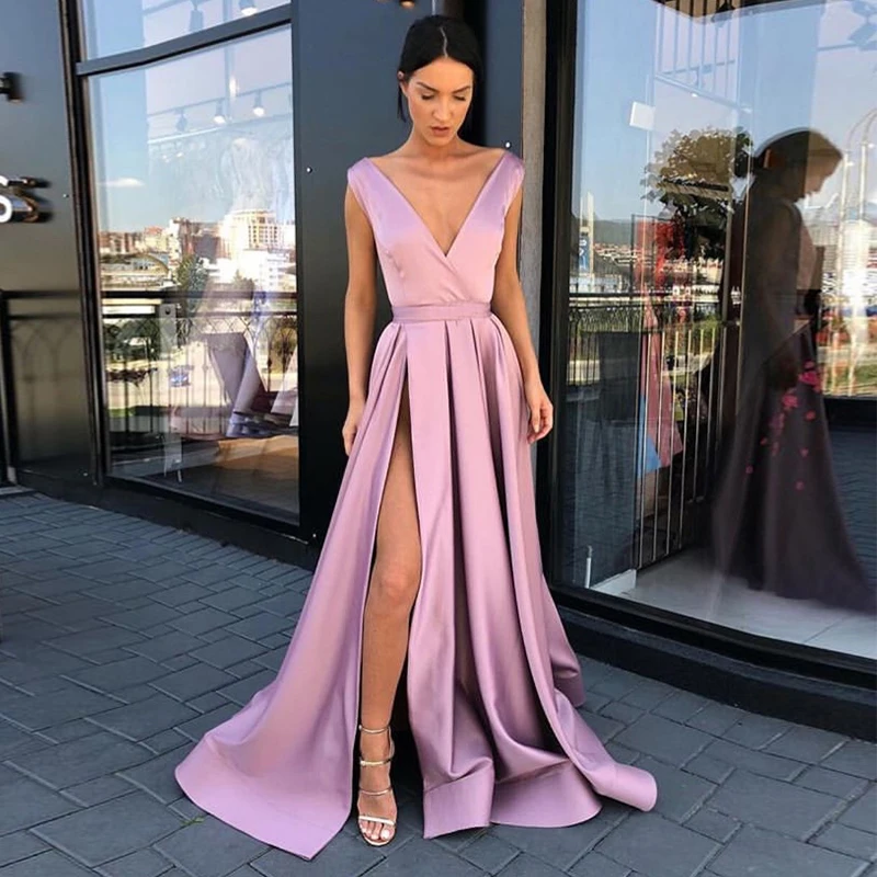 Simple V-neck Long Evening Dresses Blush Pink Satin Floor Length Backless robe de soiree Front Split Special Occasion Gowns
Simple V-neck Long Evening Dresses Blush Pink Satin Floor Length Backless robe de soiree Front Split Special Occasion Gowns