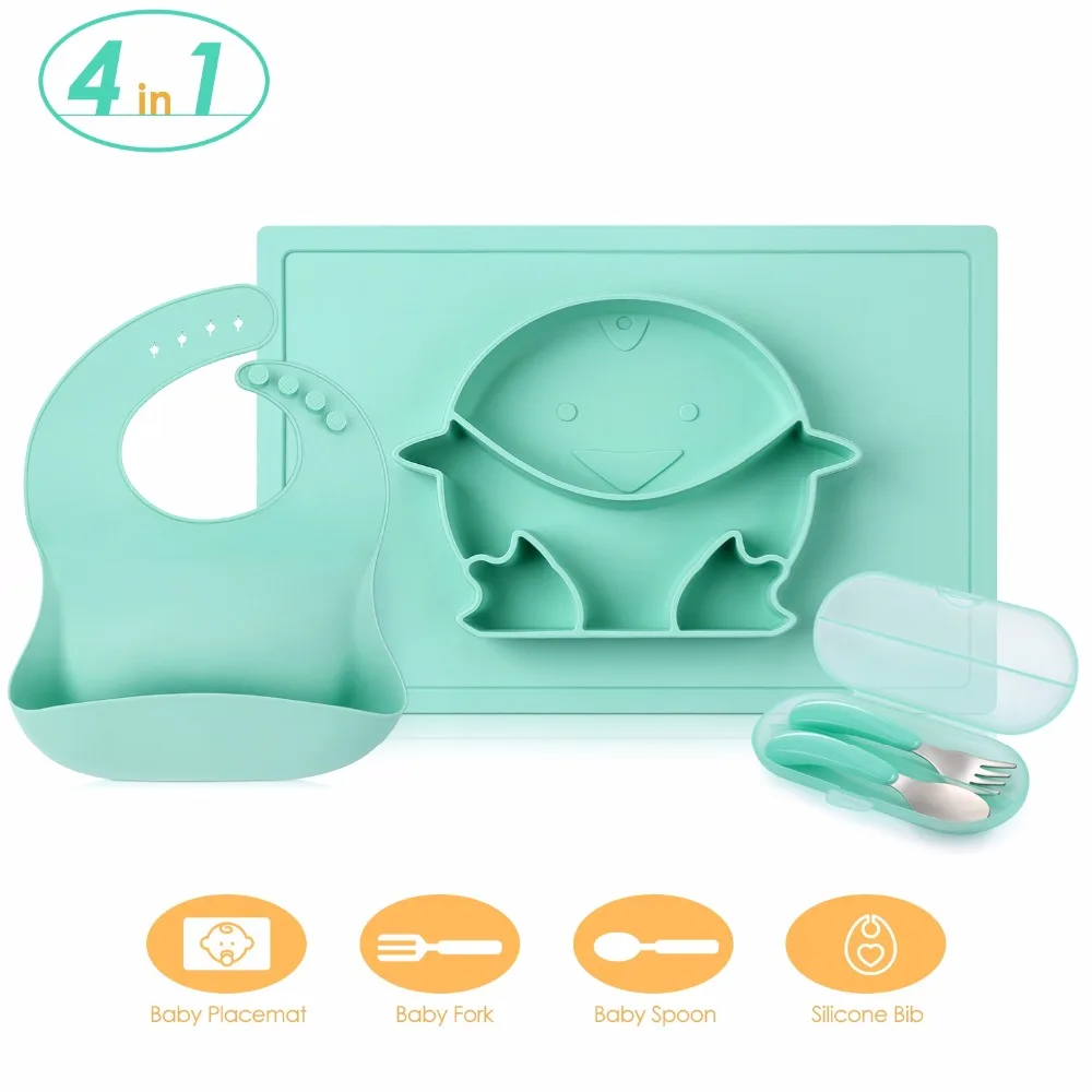 4 in 1 Baby Silicone Complete Dinnerware with Placemat / Bib / Fork / Spoon Kids Solid Feeding Tableware Set Easy to clean store
4 in 1 Baby Silicone Complete Dinnerware with Placemat / Bib / Fork / Spoon Kids Solid Feeding Tableware Set Easy to clean store