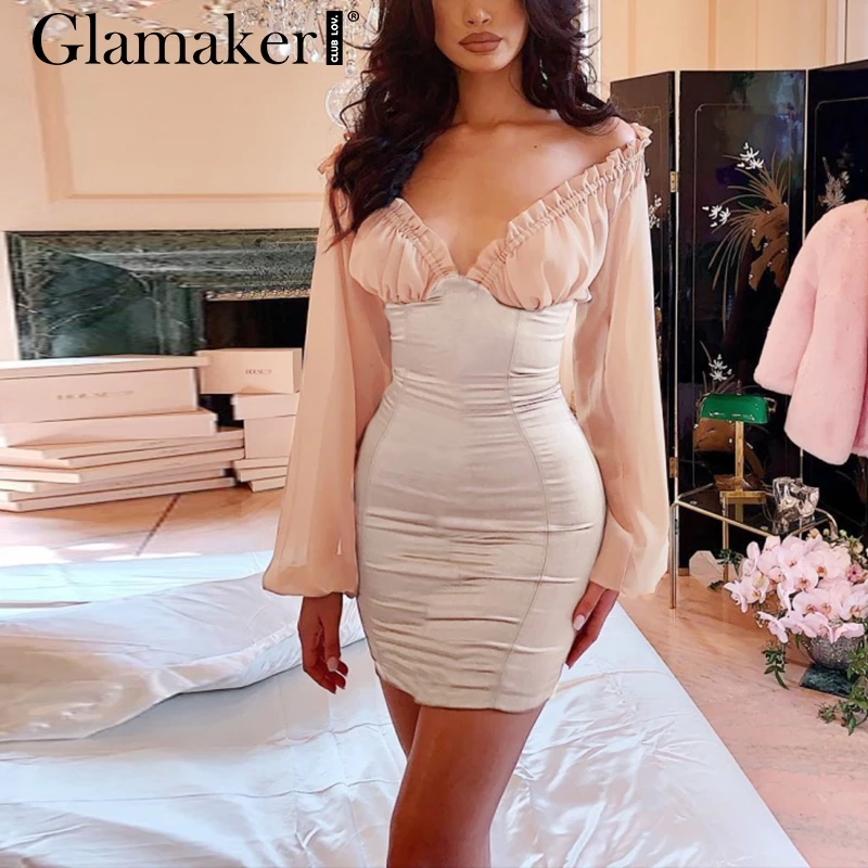 Женское платье с рукавом-фонариком Glamaker Пляжное мини-платье треугольным вырезом