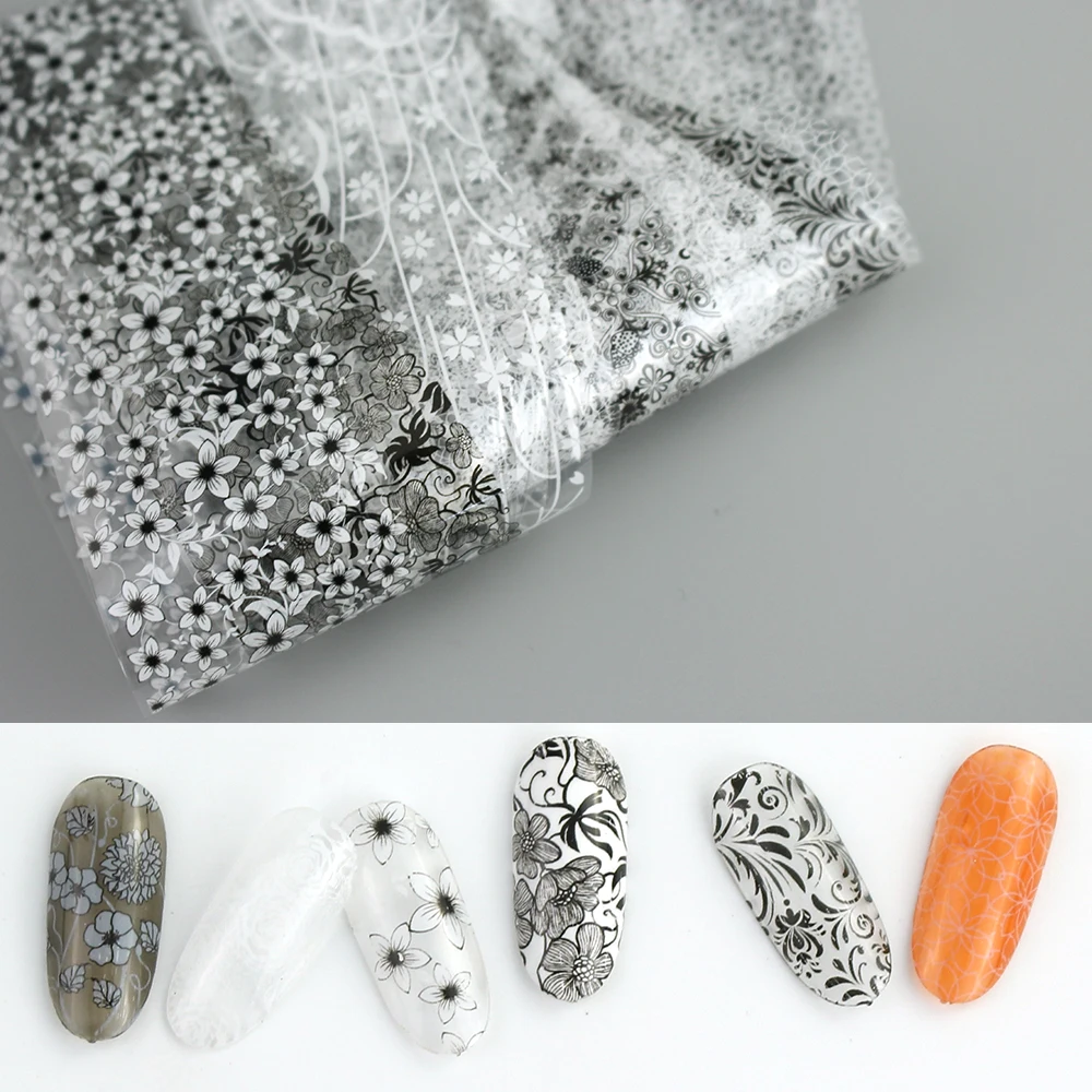 10PCS Black White Lace Foil Design Holographic Nail Foil Transfer Nail Designs Tools Decal for Nail Art Decorations Stickers
10PCS Black White Lace Foil Design Holographic Nail Foil Transfer Nail Designs Tools Decal for Nail Art Decorations Stickers