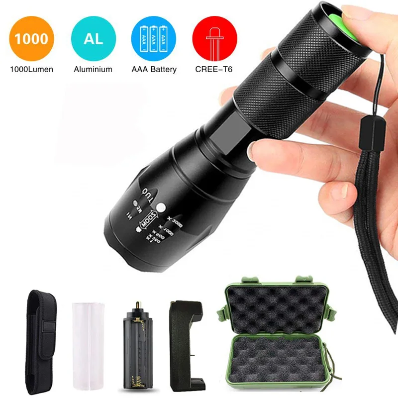 XML T6 Tactical Flashlight 1000 Lumen Super Bright LED Flashlight 5 Modes Waterproof Zoomable Torch Light 18650 Battery Light
XML T6 Tactical Flashlight 1000 Lumen Super Bright LED Flashlight 5 Modes Waterproof Zoomable Torch Light 18650 Battery Light
