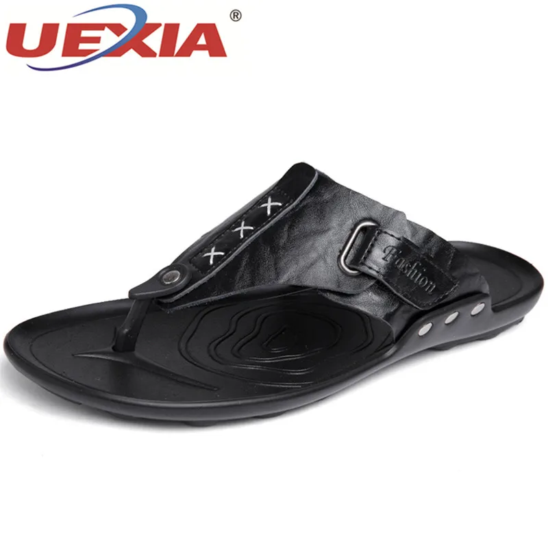 Фото UEXIA 2018 Fashion Casual Leather Non-Slip Flip Flops Men Shoes Outdoor Comfort Breathable Soft Sole Slippers Sandalias hombres | Обувь