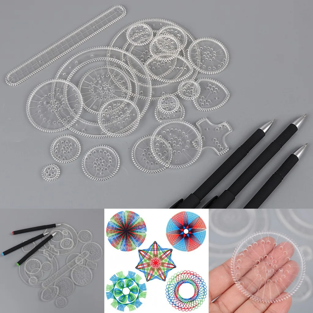 22 Drawing Rules +3 Pen Drawing Rulers Spirograph Set Spiral Designs Interlocking Gears Wheel Educational Toy DIY Painting Tools
22 Drawing Rules +3 Pen Drawing Rulers Spirograph Set Spiral Designs Interlocking Gears Wheel Educational Toy DIY Painting Tools
