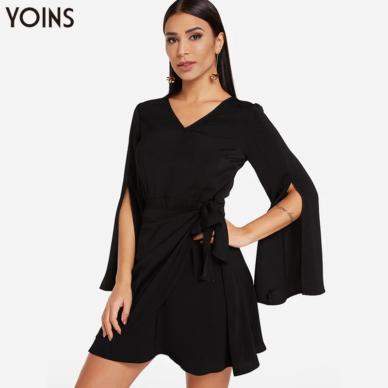 

YOINS 2019 Women Dress Autumn Summer Vestidos Lace-up Sexy V-neck Long Slit Bell Sleeve Mini Dresses Party Sundress Streetwear