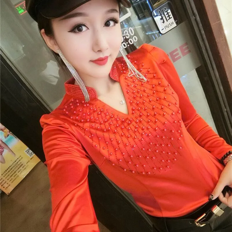 2019 Spring Long Sleeve V Neck Bead Work Satin Shirts Women Handmade Bead Work Satin Blouses Women Diamonds Black Satin Tops
2019 Spring Long Sleeve V Neck Bead Work Satin Shirts Women Handmade Bead Work Satin Blouses Women Diamonds Black Satin Tops