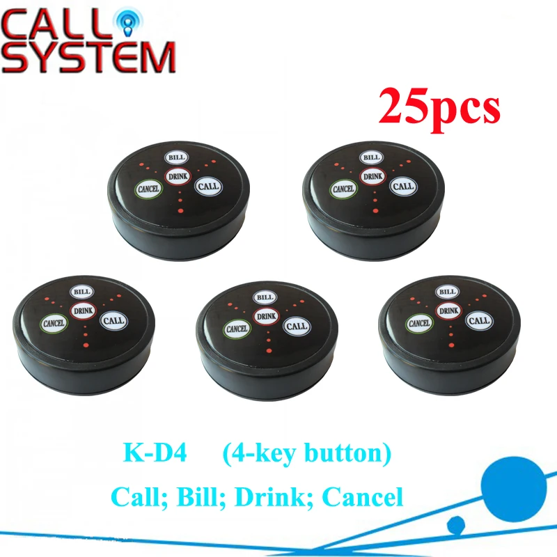 25pcs Guest press buzzer button for service K-D4 4-key transmitter (Call;Bill;Drink;Cancel)
25pcs Guest press buzzer button for service K-D4 4-key transmitter (Call;Bill;Drink;Cancel)