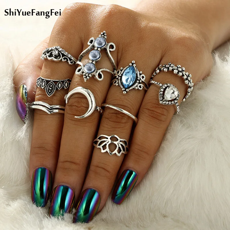 10Ps/set Bohemian Antique Silver Mermaid Tail Compass Yoga Water Drop Hollow Carved crystal Women Ring Set Unicorn Carved Rings
10Ps/set Bohemian Antique Silver Mermaid Tail Compass Yoga Water Drop Hollow Carved crystal Women Ring Set Unicorn Carved Rings
