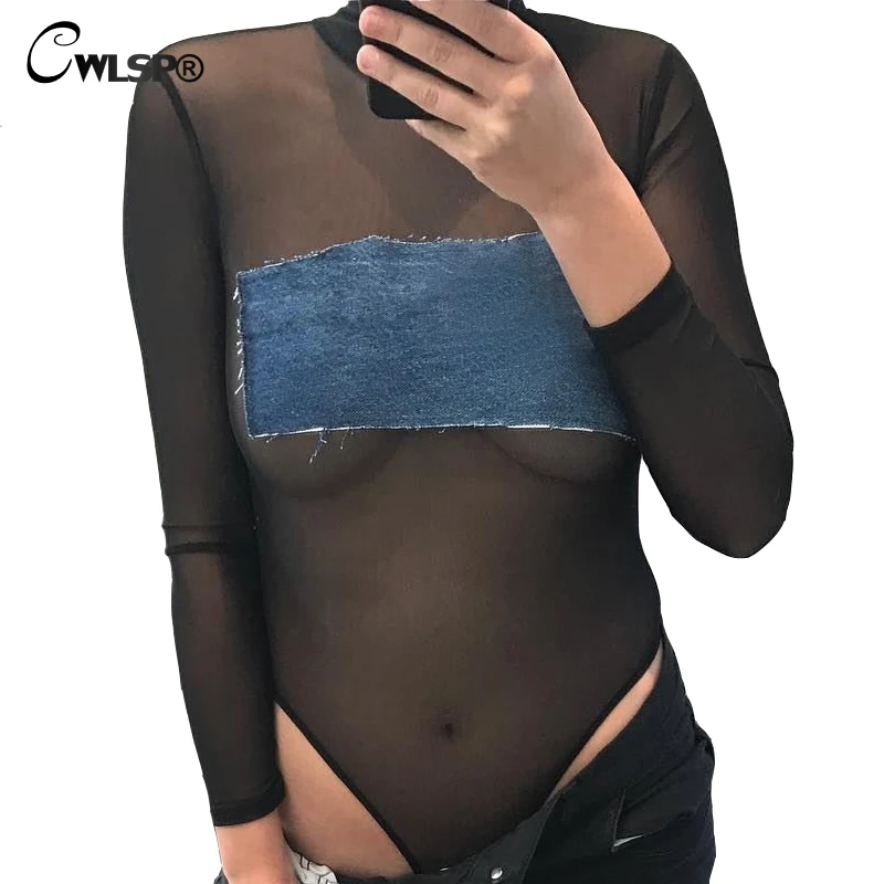 CWLSP Sexy Perspective Camouflage Bodysuit Women Mesh mock neck Long Sleeve Playsuits denim Stitching Bodysuit QL3006
CWLSP Sexy Perspective Camouflage Bodysuit Women Mesh mock neck Long Sleeve Playsuits denim Stitching Bodysuit QL3006