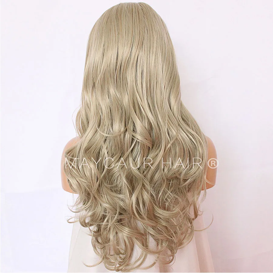 Maycaur Long Wavy Platinum Color Synthetic Lace Front Wigs White Gold Body Wave Hair Wig for Women (6)