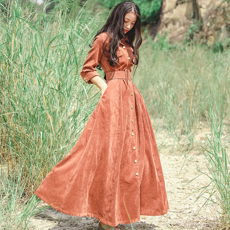 HAMALIEL Vintage Single Breasted Big Swing Women Dress Autumn Corduroy Three Quarter Sleeve Retro Long Dress Slim Maxi Dress
HAMALIEL Vintage Single Breasted Big Swing Women Dress Autumn Corduroy Three Quarter Sleeve Retro Long Dress Slim Maxi Dress
