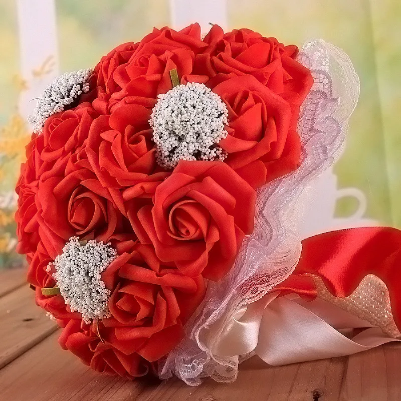 2018 Pink Wedding Flowers Bridal Bouquets Wedding Bouquet for Brides Rose Flower Bouquets with Lace Pearl Wedding Accessories