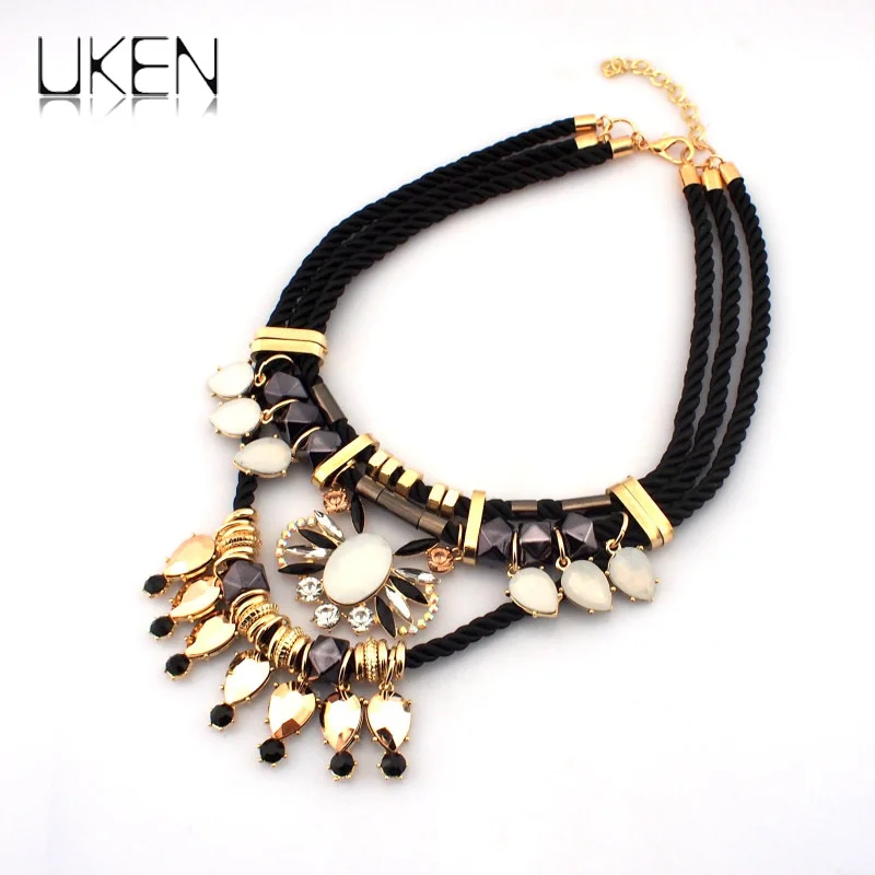 

UKEN Fashion Black Rope Chain Rhiinestones Beads Pendant Vintage Chokers Necklaces For Women Statement Jewelry Collares