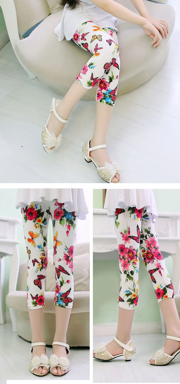 3-10years Girls Cropped Trousers Floral Print Flower Kids Calf Length Skinny Pants Stretch Leggings Children All-matches Bottoms