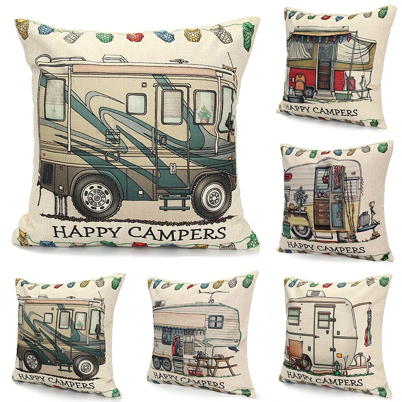 Camper Pillow Cover Colorful Pillow Case Happy Campers Cushion Covers for Home Sofa Decoration Pillowcase
