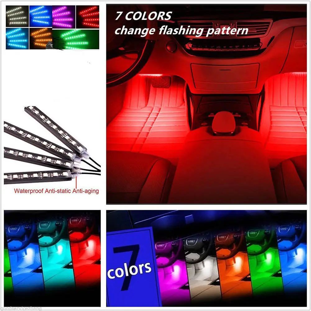 RGB 4pcs/set 12LED Car Interior Atmosphere Neon Light Strip Wireless Remote Control