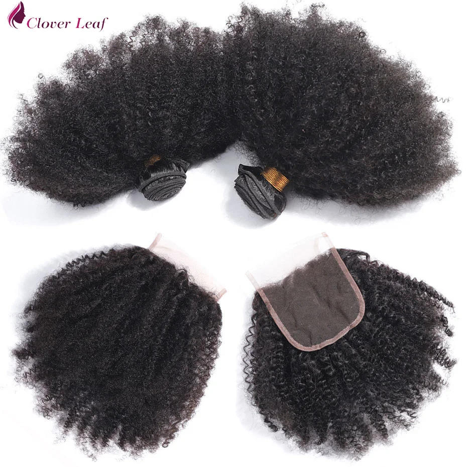 

Clover Leaf Peruvian Afro Kinky Curly Hair Weave Remy Human Hair 3 Bundles With 4*4 Lace Closure Natural Color Free Part 8-28"