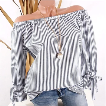 Ladies Casual Slash Neck Blouse Women Vertical Stripe Blouses Fashion Femme Long sleeve Off shoulder Top Loose casaul Shirts new
Ladies Casual Slash Neck Blouse Women Vertical Stripe Blouses Fashion Femme Long sleeve Off shoulder Top Loose casaul Shirts new