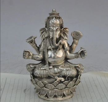 

6"Tibet Buddhism Silver 4 Arms Ganesh Lord Ganesha Elephant God Buddha Statue