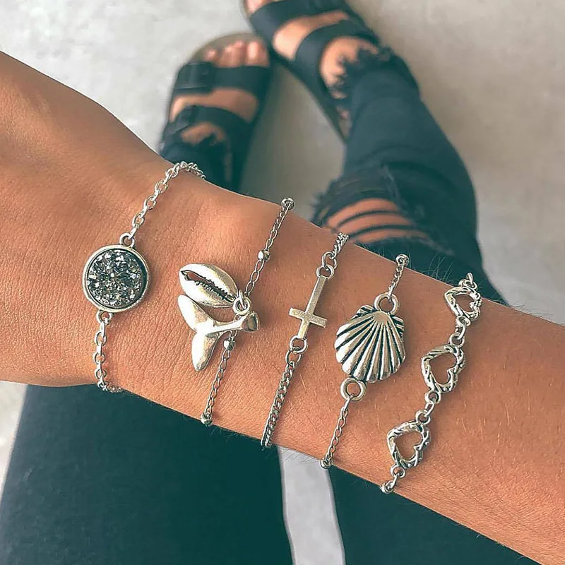 5 Pcs/ Set Boho Heart Cross Shell Fishtail Round Chain Silver Multilayer Bracelet Set Female Personality Beach Pendant Bracelet
5 Pcs/ Set Boho Heart Cross Shell Fishtail Round Chain Silver Multilayer Bracelet Set Female Personality Beach Pendant Bracelet
