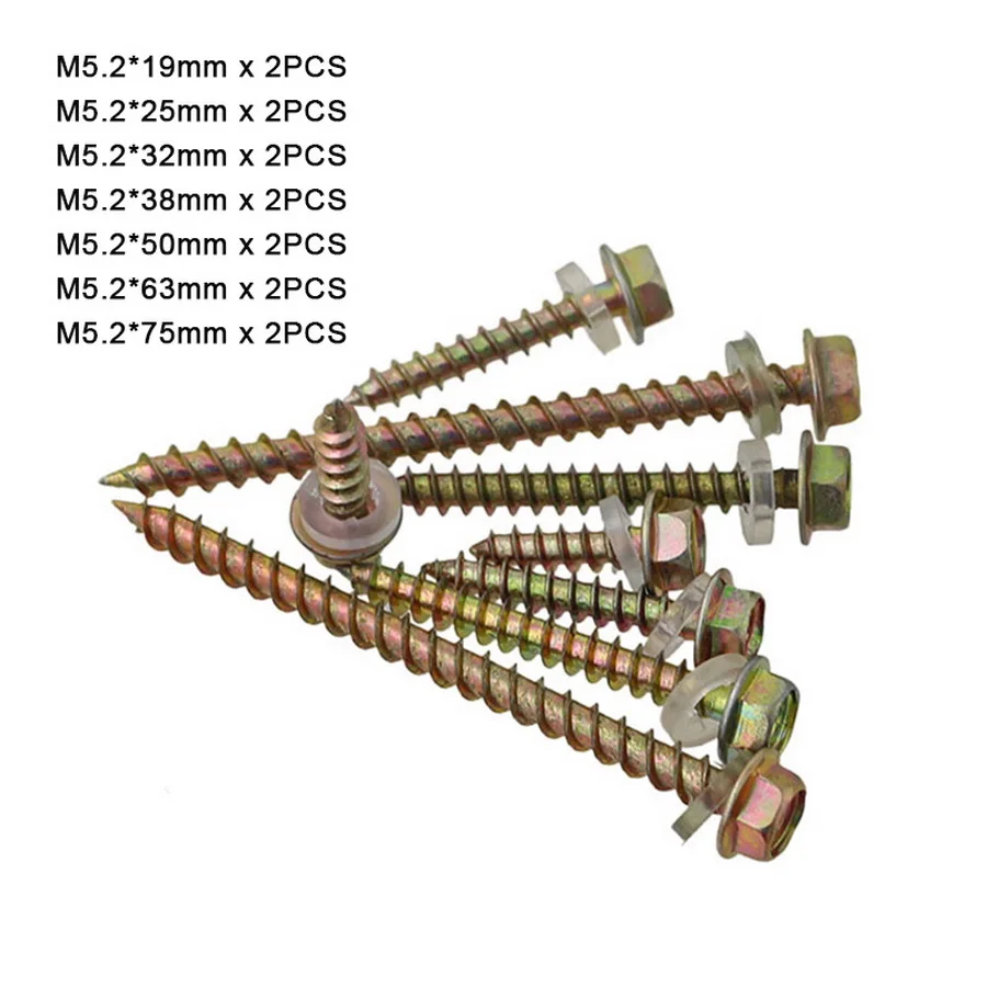 14Pcs M5.2 Hex Washer Head Self Drilling Screws Color Zinc Pointed Self Tapping Screws Set/Kit Length 19-75mm
14Pcs M5.2 Hex Washer Head Self Drilling Screws Color Zinc Pointed Self Tapping Screws Set/Kit Length 19-75mm
