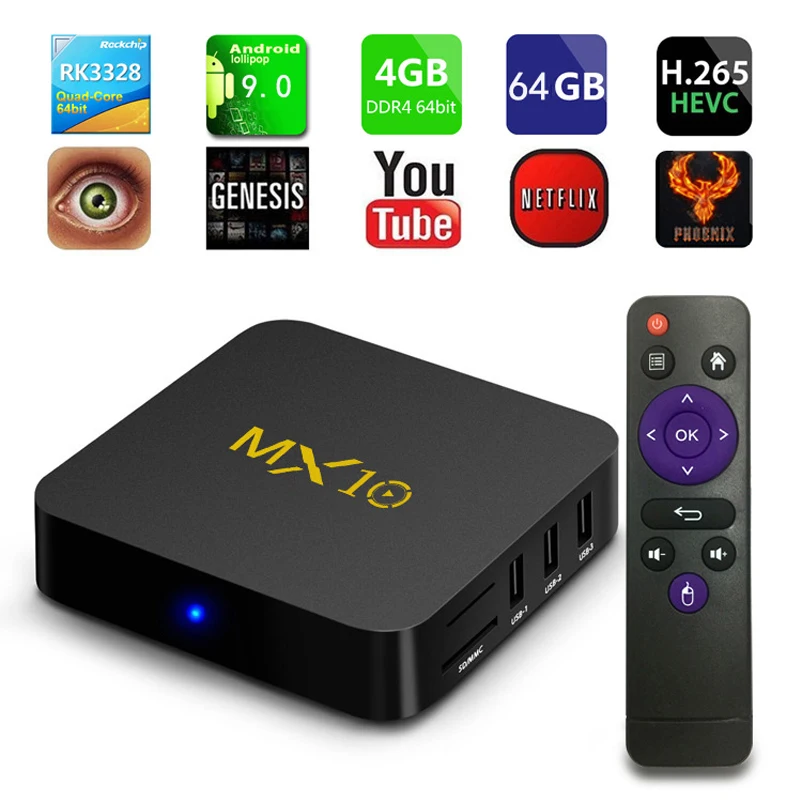 

New! MX10 Android TV BOX Android 9.0 RK3328 Quad core 4G RAM 64G ROM 3D 4K HDR10 H.265 USB 3.0 Media Player IPTV Set-top BOX