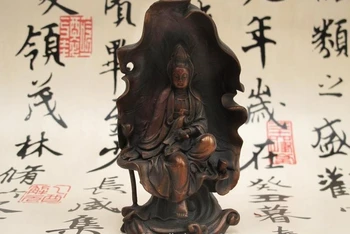 

Tibet Buddhism Red Bronze Lotus leaf Kwan-yin Boddhisattva Buddha Statue