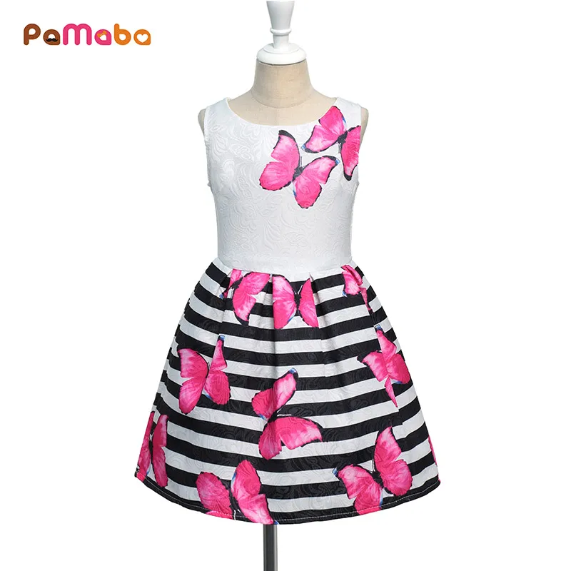 PaMaBa Soft Summer Butterfly Print Girl's Dress A-Line Sleeveless Casual Clothing Stripe Children's Elegant Multiway Costume | Мать и