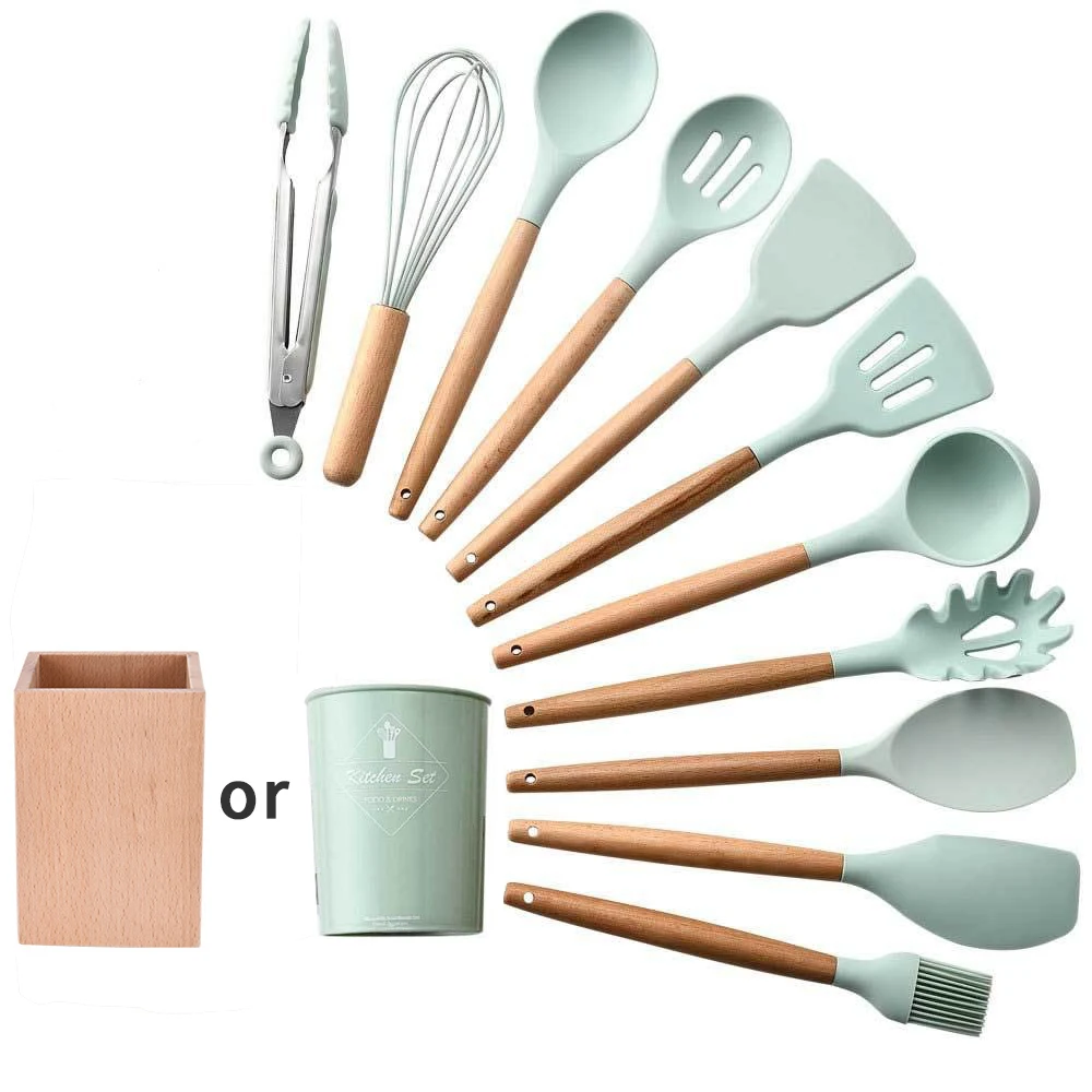 Фото New 11 Style Green Silicone Kitchen Utensil Set Wooden Handle Nonstick Utensils Cooking Tools Heat-resistant Soup Spoon Spatula | Дом и сад
