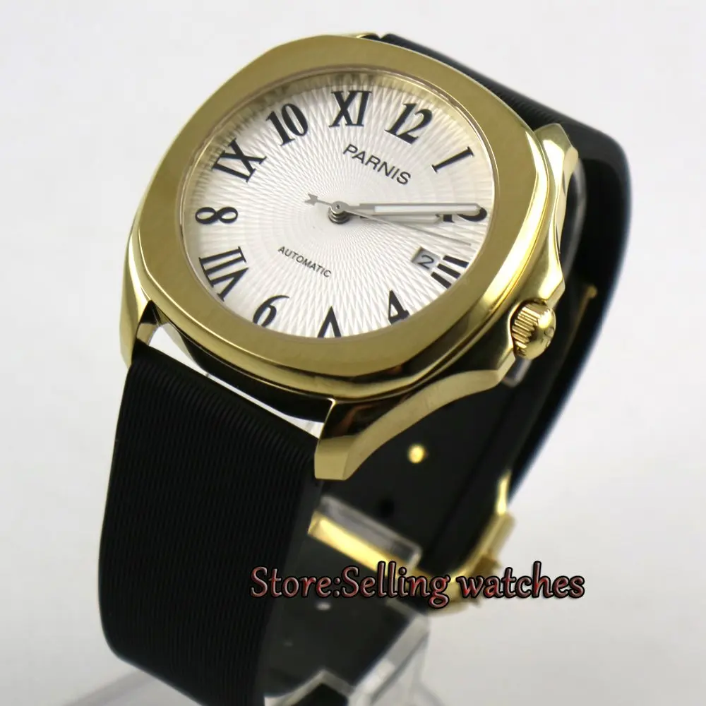 New 40mm Parnis Golden yellow steel case Miyota 21 JEMELS automatic movement white dial Roman numeral mens watch
New 40mm Parnis Golden yellow steel case Miyota 21 JEMELS automatic movement white dial Roman numeral mens watch