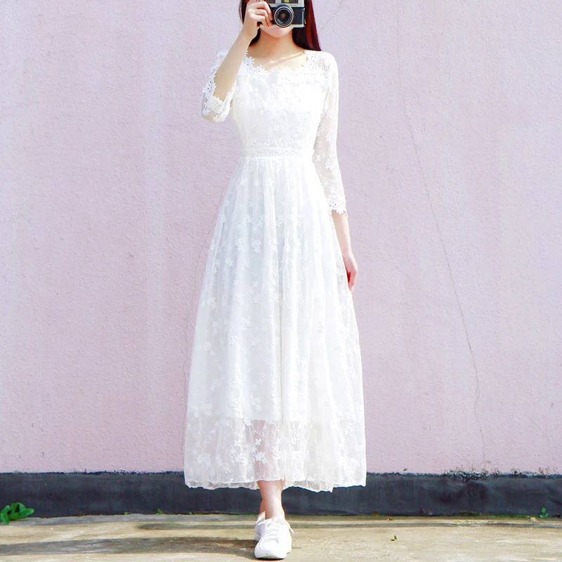 High quality New Ladies Lace dress 2019 summer Elegant white dress Korean fashion clothing High waist Long Large dresses 1127
High quality New Ladies Lace dress 2019 summer Elegant white dress Korean fashion clothing High waist Long Large dresses 1127