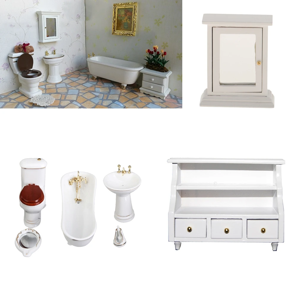 1/12 Scale White Dollhouse Miniature Bathroom Cabinet Furniture Set Decoration Accessory Toys Pretend Play for Children 1/12 Scale White Dollhouse Miniature Bathroom Cabinet Furniture Set Decoration Accessory Toys Pretend Play for Children