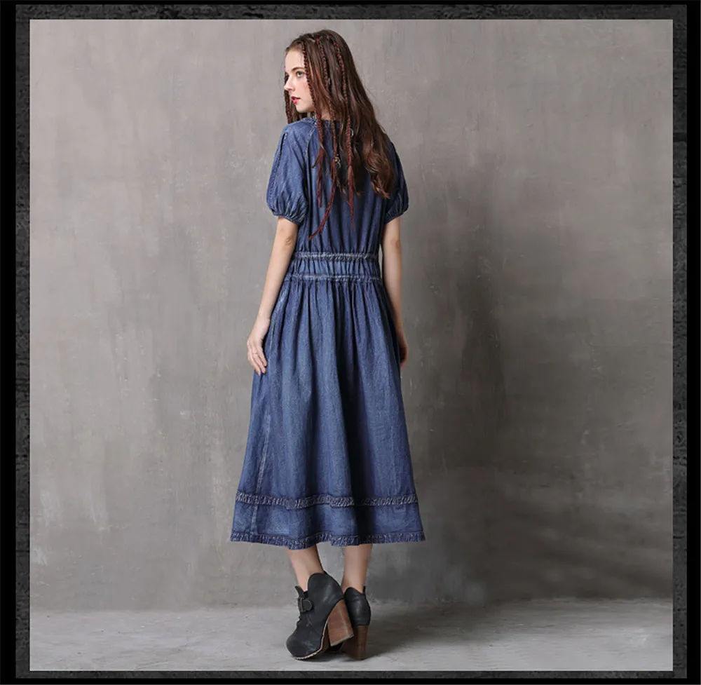 Vintage Adjustable Waist Summer Dress 2018 New Denim Women V-Neck Dresses Hollow out Lantern Sleeve Swing Hem Vestidos (15)