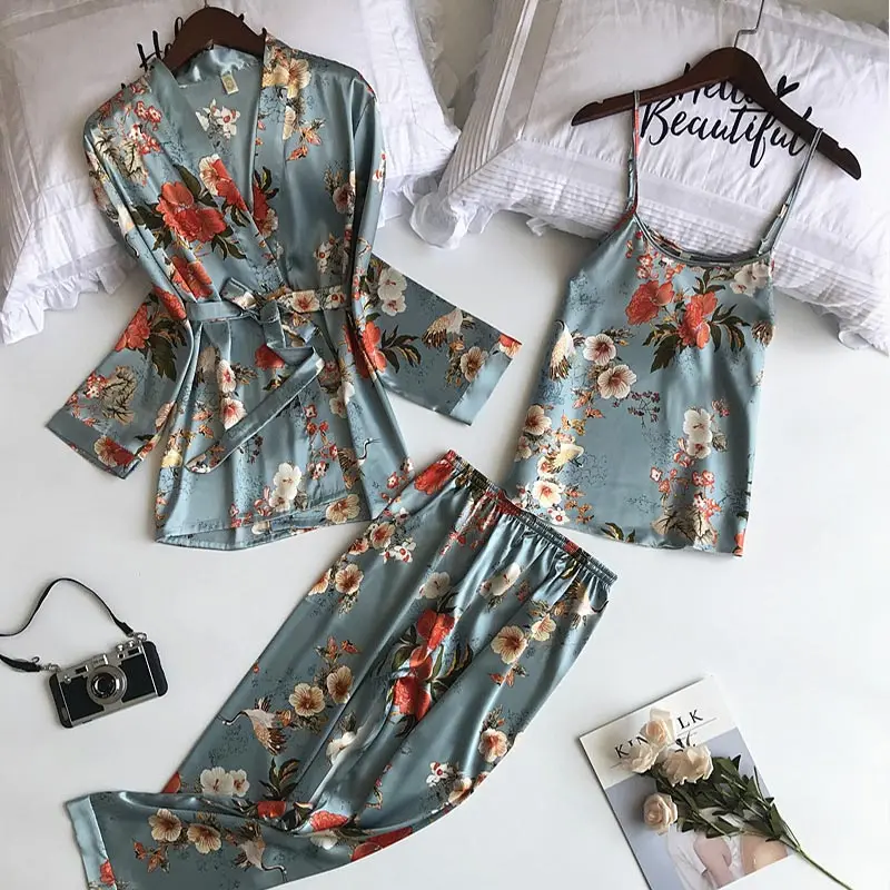 Women Silk Pajama 3 Pieces Set Female Sexy Strap Sleepdress Sash Nightrobe 2019 Autumn Lady Ultra Thin Trouser Sleepwear
Women Silk Pajama 3 Pieces Set Female Sexy Strap Sleepdress Sash Nightrobe 2019 Autumn Lady Ultra Thin Trouser Sleepwear