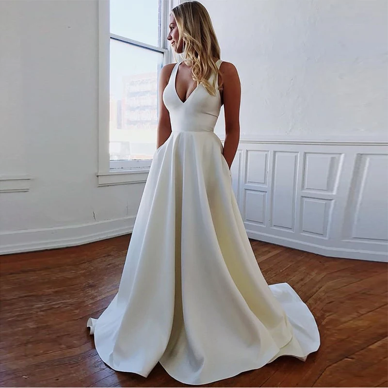 Simple V-neck Wedding Dresses 2019 Cut-out Bow Back Satin White Ivory Vestido de Noiva Bridal Dresses Sexy Beach Wedding Gown
Simple V-neck Wedding Dresses 2019 Cut-out Bow Back Satin White Ivory Vestido de Noiva Bridal Dresses Sexy Beach Wedding Gown