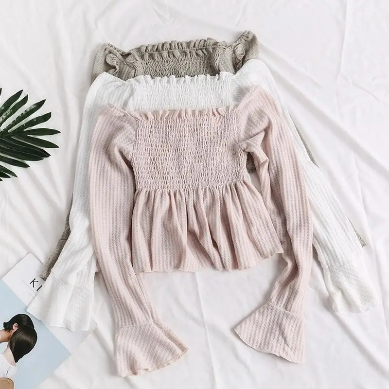 2024 Autumn Women Slash Neck Flare Sleeve Pleated Ruffles Shirt Sweet Lady Short Elastic Slim Cotton Knitted Chic Blouses Tops
2024 Autumn Women Slash Neck Flare Sleeve Pleated Ruffles Shirt Sweet Lady Short Elastic Slim Cotton Knitted Chic Blouses Tops