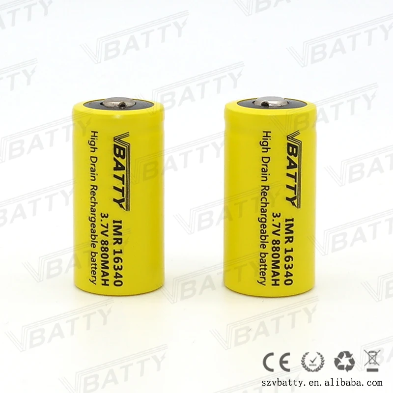 Vbatty IMR 16340 880mah 12A 3.7V rechargeable high drain Li-ion battery with Button top(1 pc)
Vbatty IMR 16340 880mah 12A 3.7V rechargeable high drain Li-ion battery with Button top(1 pc)