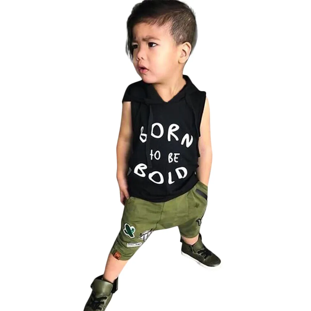Toddler Baby Boys Clothing Children Summer sleeveless Letter Print Cartoon Hooded Tops Vest+Pants 2019 Outfits Sets dropshipping |